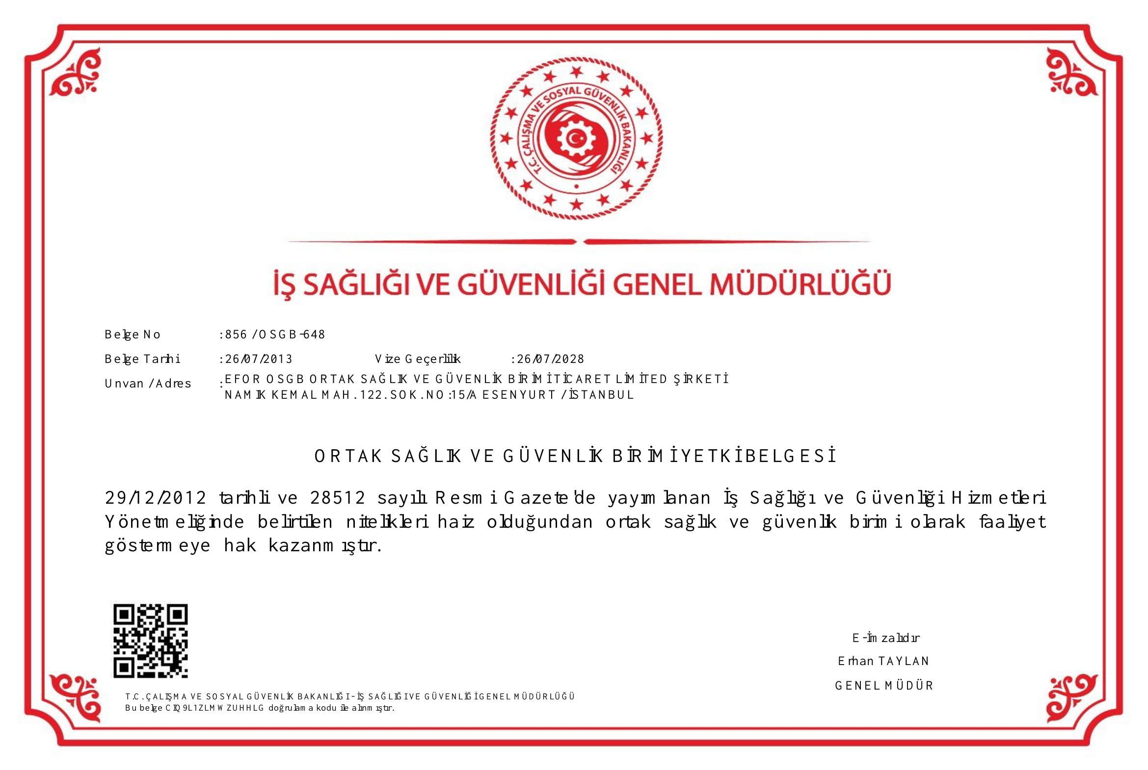 EFOR OSGB Ortak Sağlık ve Güvenlik Birimi Yetki Belgesi